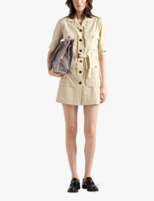 Shop Prada Womens Neutral Flap-pocket Shoulder-epaulette Cotton-poplin Mini Dress