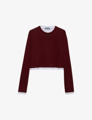 Prada Womens Burgundy Long-sleeve Logo-patch Cotton-jersey T-shirt