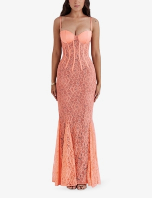 HOUSE OF CB: Cordelia lace-embroidered corset woven maxi dress