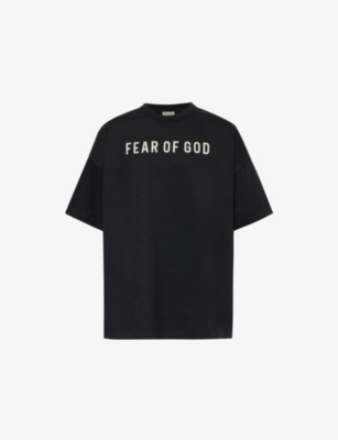 Shop Fear Of God Mens  Logo-print Relaxed-fit Cotton T-shirt In Black