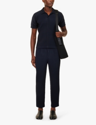 Shop Issey Miyake Ns Pleated Belt Loops Tapered Leg Relaxed-fit Knitted Trousers Navy