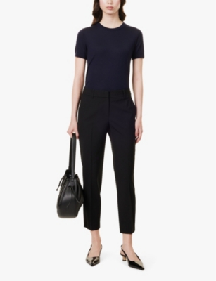 THEORY WOMENS DEEP NAVY ROUND-NECK RIBBED WOOL-BLEND TOP XL 