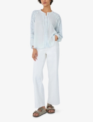 The White Company S Long-sleeved Lace-insert Linen Blouse Ice Blue In Ice Blue