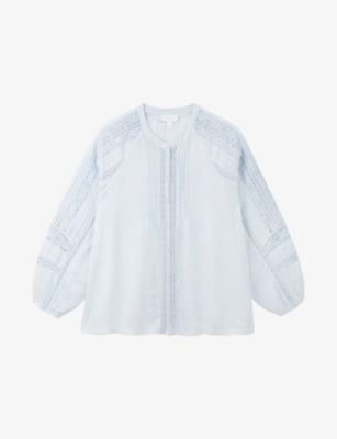 The White Company S Long-sleeved Lace-insert Linen Blouse Ice Blue In Ice Blue