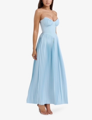 House Of Cb Marcella Strapless Pleated Georgette Gown In Ocean Blue