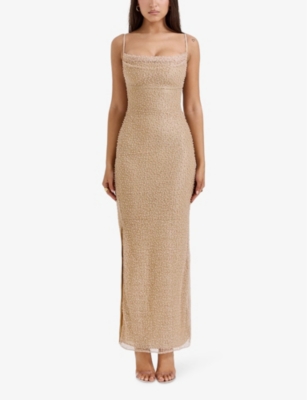 HOUSE OF CB OF CB WOMENS SEAPEARL CALLA BEAD-EMBELLISHED MESH AND SATIN MAXI DRESS XS 