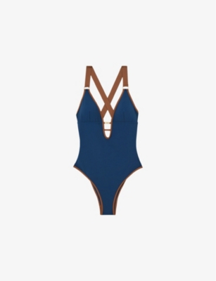 REISS: Frankie Plunge-Neck Contrast-Trim Stretch-Woven Swimsuit