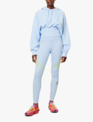 ADIDAS BY STELLA MCCARTNEY WOMENS GLOW BLUE BRAND-PRINT HIGH-RISE BRAND-LOGO STRETCH-WOVEN LEGGINGS 