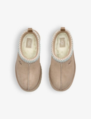 Ugg Beige Kids' Tazz Braided-trim Suede And Shearling Slippers In Beige