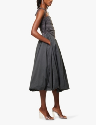 AMY LYNN: Ruched-side strapless puffball cotton midi dress