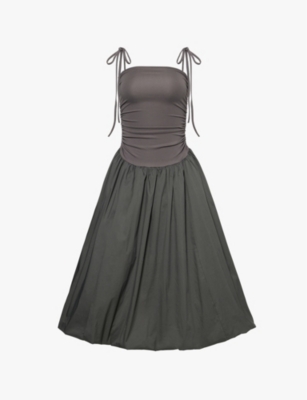 AMY LYNN: Ruched-side strapless puffball cotton midi dress