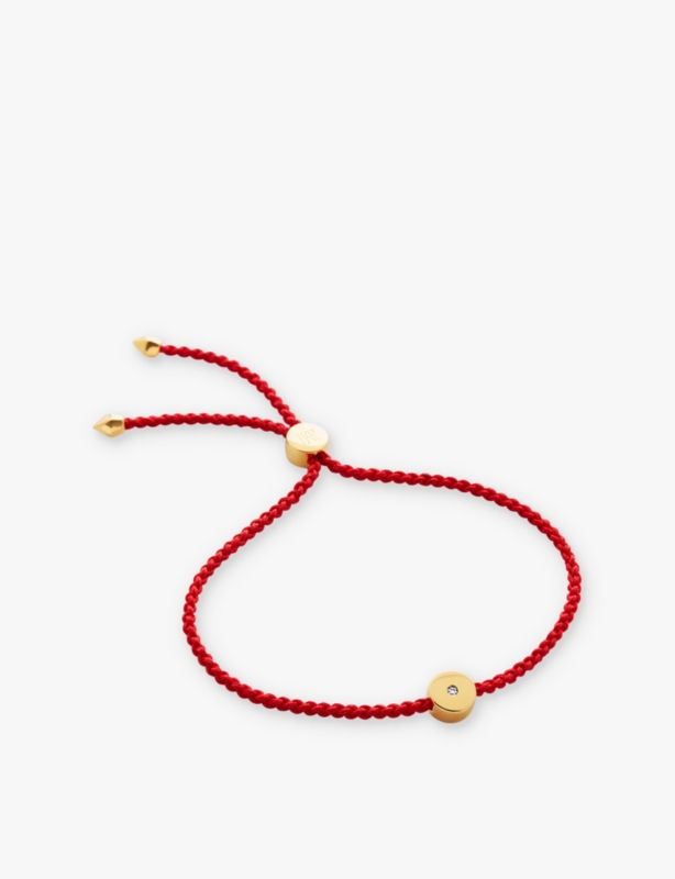 Linear 18ct yellow gold-plated vermeil sterling-silver, cord and 0.06ct round-cut diamond bracelet