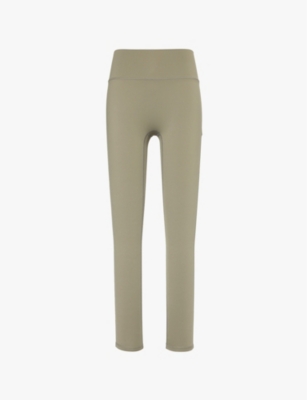 THE COUTURE CLUB WOMENS KHAKI SCULPTING EMBLEM EMBOSSED-BRANDING TAPERED-LEG HIGH-RISE STRETCH-WOVEN LEGGINGS 