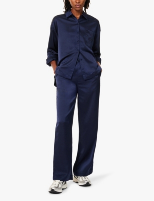THE COUTURE CLUB: Emblem-embroidered wide-leg satin trousers