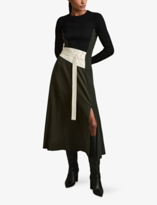 Reiss Khaki/black Rib-knit Panelled Belted Midi Dress In Khaki/black