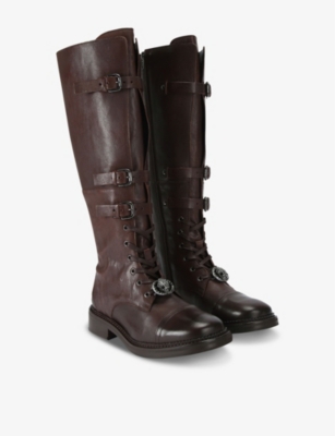 Kurt Geiger Womens Monument Strap-embellished Leather Knee-high Boots Brow In Brown