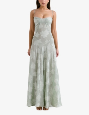 HOUSE OF CB OF CB WOMENS PISTACHIO FLORAL SEREN LACE-UP LACE MAXI DRESS 