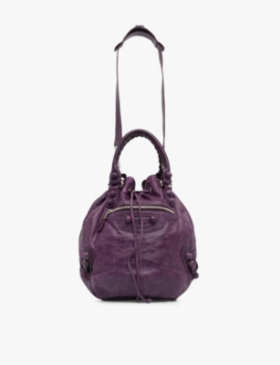 Reselfridges Womens Purple Pre-loved Balenciaga Motorcross Brogues Pompon Leather Bucket Bag