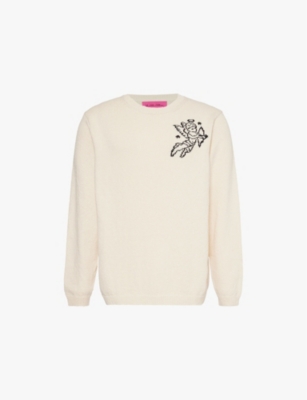 Shop The Elder Statesman Mens  Nora Angel & Devil Crewneck Regular-fit Cotton Jumper In Natural