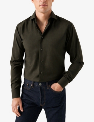 Eton Mens Spread-collar Breathable Wool Shirt Dark Green In Dark Green