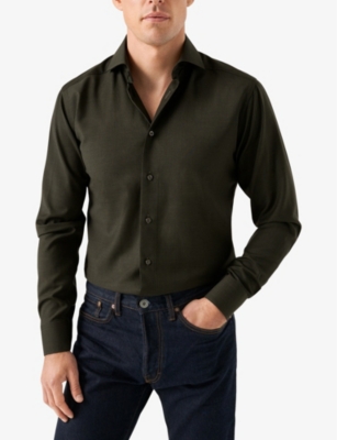 Eton Mens Spread-collar Breathable Wool Shirt Dark Green In Dark Green