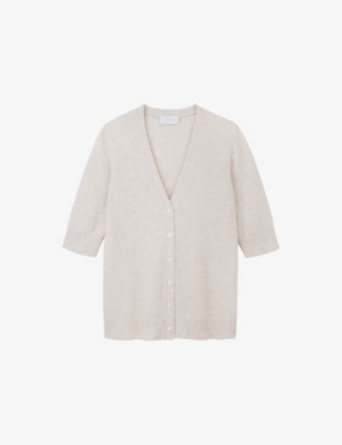The White Company S Camel V-neck Short-sleeve Wool And Cashmere-blend Cardigan