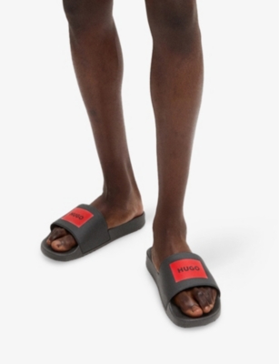 Hugo Boss Mens Black Logo-label Slip-on Rubber Slides In Black