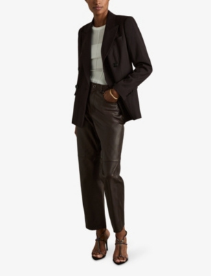 Reiss Womens Verona Slim-leg High-rise Leather Trousers Chocolate In Chocolate