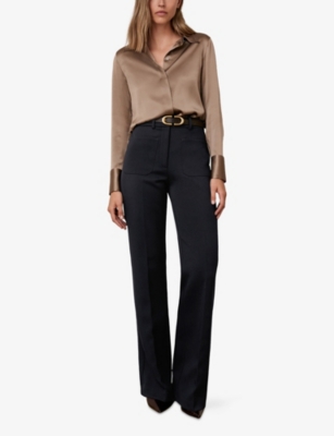 Reiss Womens Navy Priya Flared-leg Woven Trousers In Black
