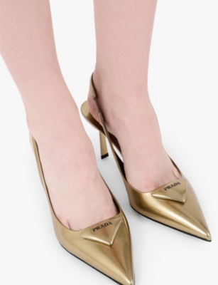 PRADA: Brand-plaque metallic-leather slingback courts