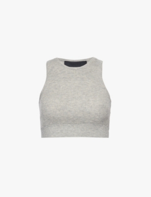 ESSENTIALS WOMENS FEAR OF GOD ESSENTIALS WAFFLE SPORT CROPPED WOVEN-BLEND TOP 