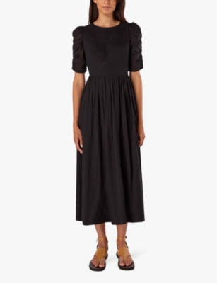 Ro&zo Round-neck Puff-sleeve Cotton Midi Dress In Black