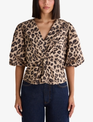 Shop Ro&zo Womens  Leopard-print Twist-front Cotton Blouse In Multi