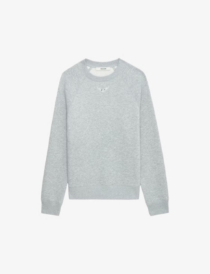Zadig & Voltaire Womens Gris Chine Clair Upper Diamante-embellished Wings Cotton-blend Sweatshirt In Gris Chine Clair