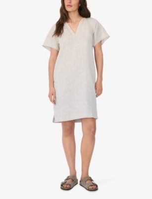 The White Company S Flax V-neck Short-sleeve Linen Shift Mini Dress In Gray