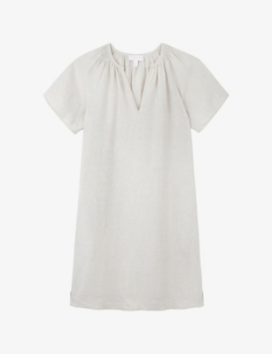 The White Company S Flax V-neck Short-sleeve Linen Shift Mini Dress In Gray