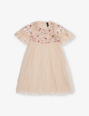 NEEDLE AND THREAD: Lunaria floral-embroidered tulle woven mini dress 4-10 years
