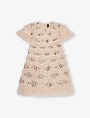 Shop Needle & Thread Daisy Wave Embroidered Sequin-embellished Recycled-polyester Mini Dress 4-12 Y In Dust Beige/ Silver