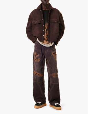 B1 ARCHIVE MENS WIDE LEG CARPENTER FADED WASH WIDE-LEG MID-RISE DENIM JEANS BROWN CANVAS 