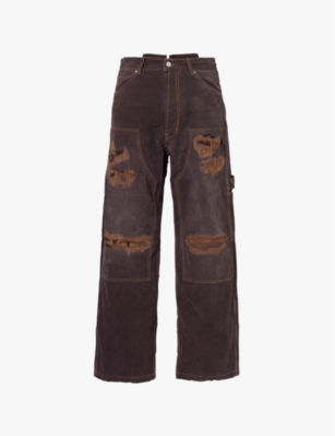 B1 ARCHIVE MENS WIDE LEG CARPENTER FADED WASH WIDE-LEG MID-RISE DENIM JEANS BROWN CANVAS 