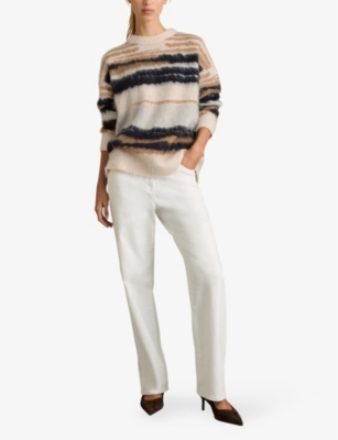 Reiss Cream/camel Emily Striped Crew-neck Jumper With Mohair In Cream/camel