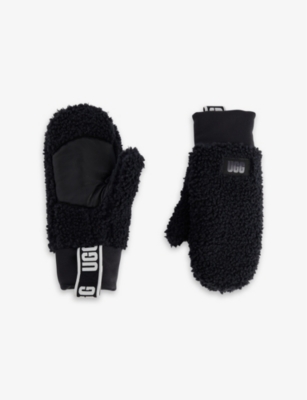 UGG WOMENS BLACK LOGO-TAPE BORG MITTENS