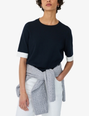 The White Company S Contrast-trim Slim-fit Cotton-blend T-shirt Navy Xl In Blue