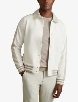 Shop Reiss Mens Arnold Regular-fit Ribbed-trim Stretch-woven Bomber Jacket Optic White/sof Xxl