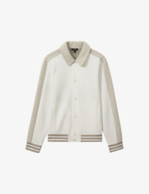 Shop Reiss Mens Arnold Regular-fit Ribbed-trim Stretch-woven Bomber Jacket Optic White/sof Xxl