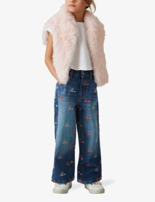 Shop Reiss Skylar Logo-embroidered Wide-leg Jeans 4-13 Y In Blue