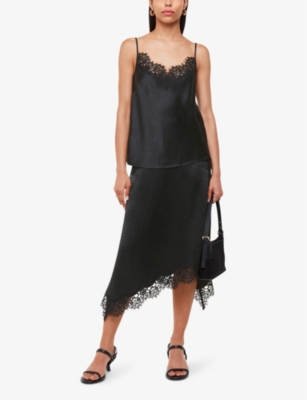 Whistles Womens Black Lace-trim High-rise Satin Midi Skirt In Black