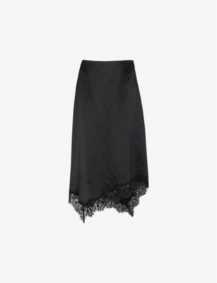 Whistles Womens Black Lace-trim High-rise Satin Midi Skirt In Black