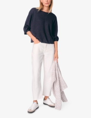The White Company S Slash-neck Batwing-sleeve Cotton And Linen-blend Jumper Ink In Blue