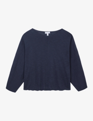The White Company S Slash-neck Batwing-sleeve Cotton And Linen-blend Jumper Ink In Blue